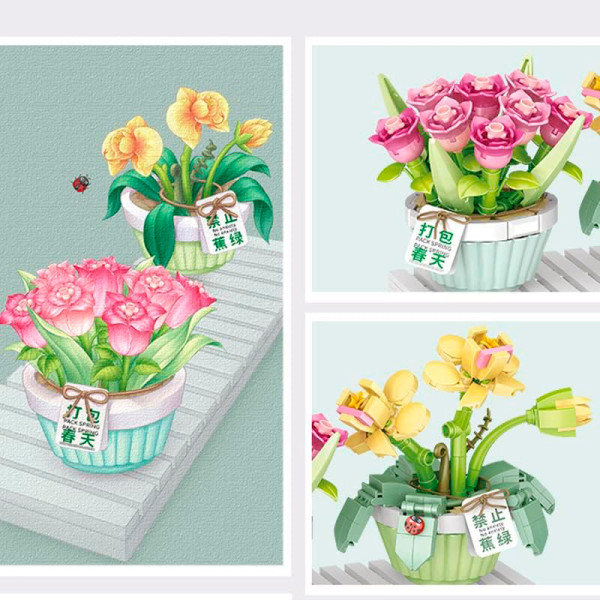 3D конструктор набор строительных блоков LOZ 1673 мини роза тюльпан в горшке 409 деталей пластиковый