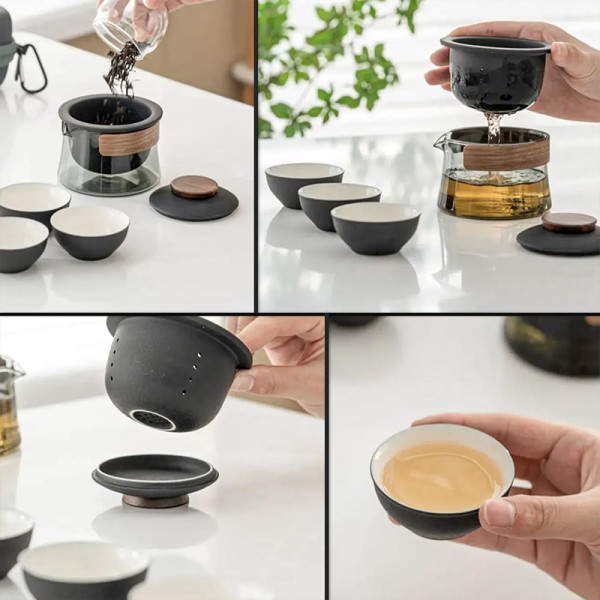 Дорожный чайный набор HR-068 заварник 240 ml стеклянный + 3 пиалы с чехлом Black