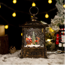 Декоративный фонарь новогодний 365985 рождественское украшение для дома музыкальный USB+Батарейки Дед Мороз с оленем