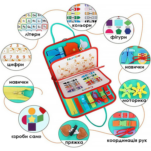 Детская развивающая сумочка 545L бизиборд монтессори-игрушка для малышей розвивающая моторику и сенсорику Light Blue