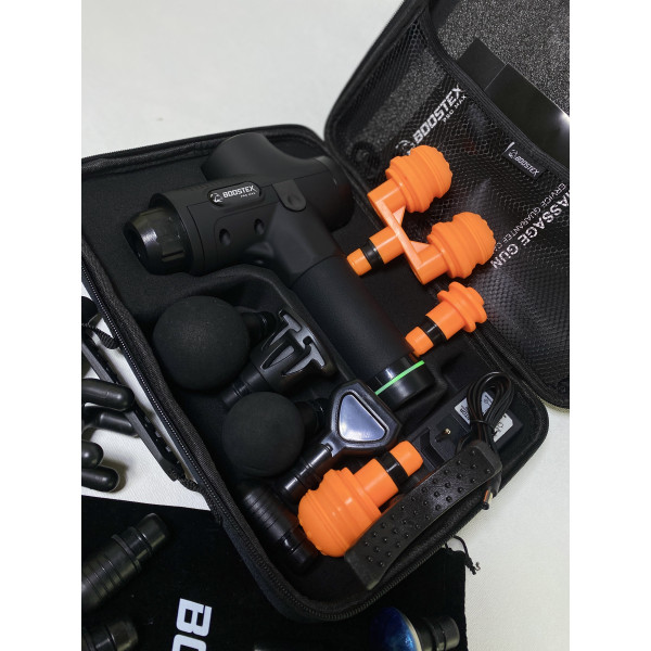 Новинка 2024 року! Перкусійний масажер – 30 швидкостей, 21 насадка, батарея 2500 mAh, кейс (чорний).