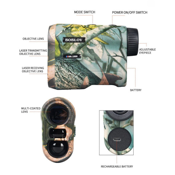 Професійний водонепроникний лазерний далекомір Boblov NK-1000 з вимірюванням кута та швидкості, дальність до 1000 метрів.