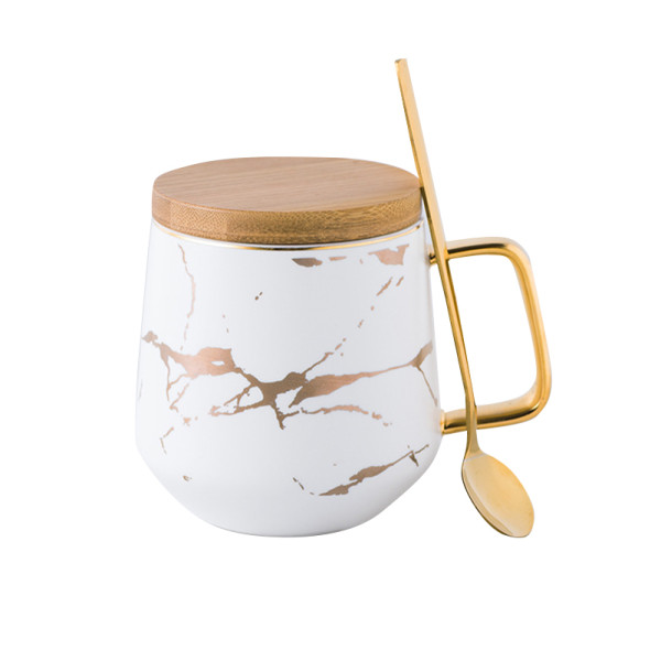 Чайная чашка A2024 з бамбуковою кришкою та ложкою золотой мрамор White