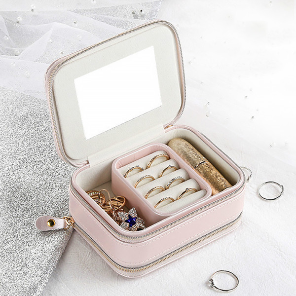Шкатулка Casegrace SP-01167 для украшений и ювелирных изделий портативная с зеркалом и двойной молнией 11,5*8,5*5 см Pink