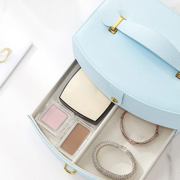 Шкатулка Casegrace SP-01245 для украшений и ювелирных изделий двохуровневая с зеркалом и ручкой 20*15*10 см Blue